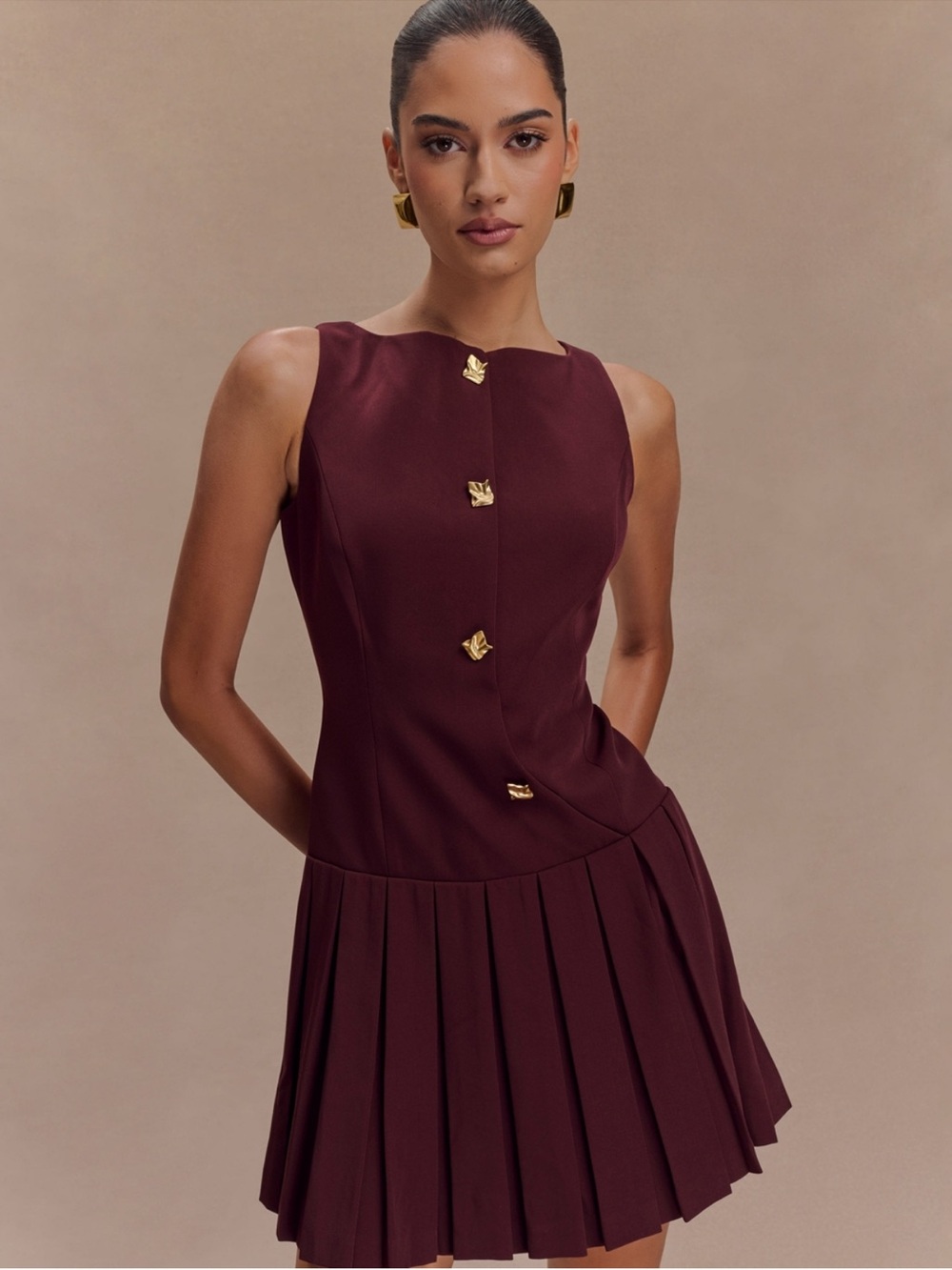 Meshki Mackenzie Pleated Mini Dress in Deep Burgundy